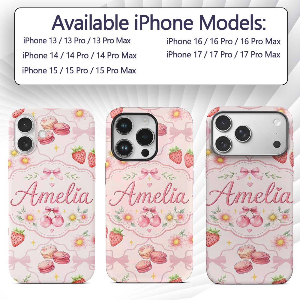 Strawberry Cherry Daisy Floral Bow Sweet Dessert Custom Name Protective Phone Case Mobile Cover Durable Everyday Smartphone Shock Resistant