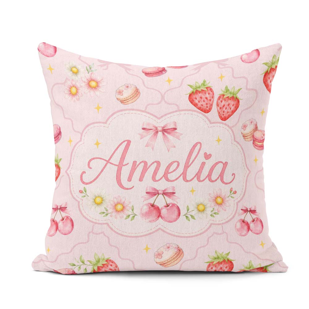 Custom Name Strawberry Cherry Daisy Bow Sweet Dessert Warm Cream Square Filled Cushion Throw Pillow Sofa Bed Home Decor Zip Washable UK Made
