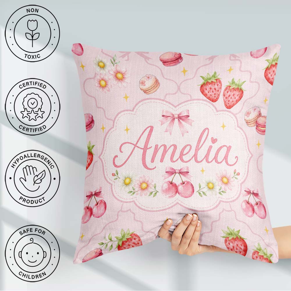 Custom Name Strawberry Cherry Daisy Bow Sweet Dessert Warm Cream Square Filled Cushion Throw Pillow Sofa Bed Home Decor Zip Washable UK Made
