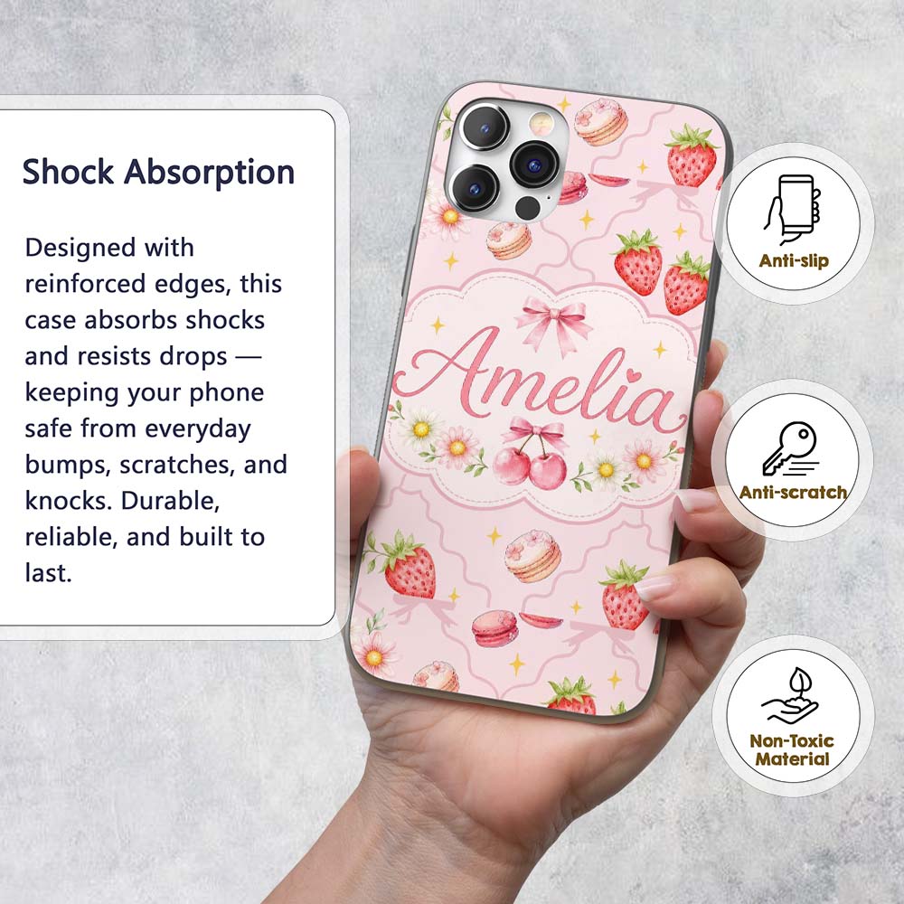 Cute Strawberry Cherry Daisy Floral Bow Sweet Custom Name Protective Phone Case Mobile Cover Durable Everyday Smartphone Shock Resistant