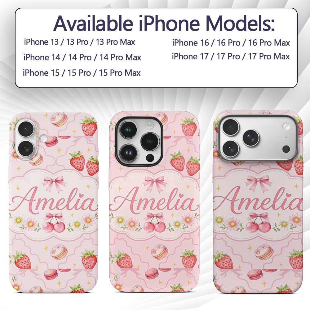 Cute Strawberry Cherry Daisy Floral Bow Sweet Custom Name Protective Phone Case Mobile Cover Durable Everyday Smartphone Shock Resistant