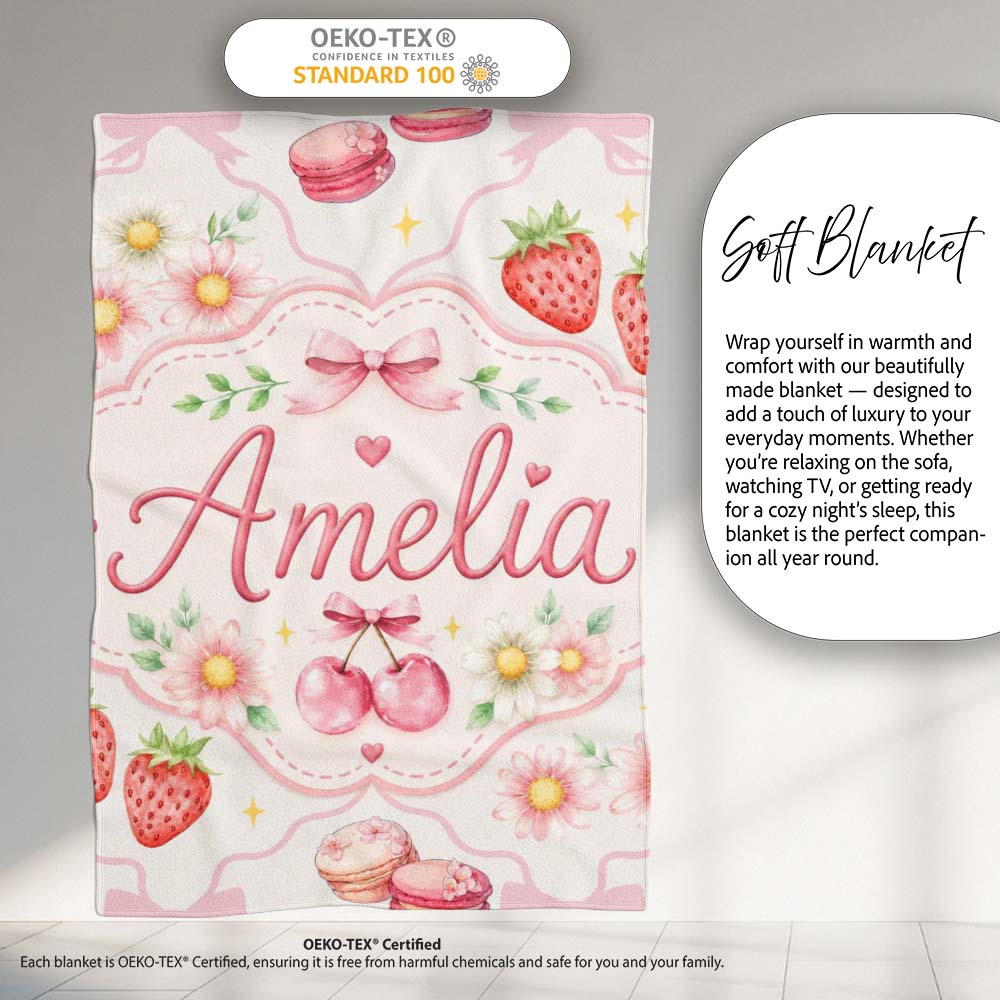 Cute Strawberry Cherry Daisy Floral Bow Sweet Dessert Soft Beige Personalised Custom Name Super Soft Fleece Blanket Bed Sofa Throw