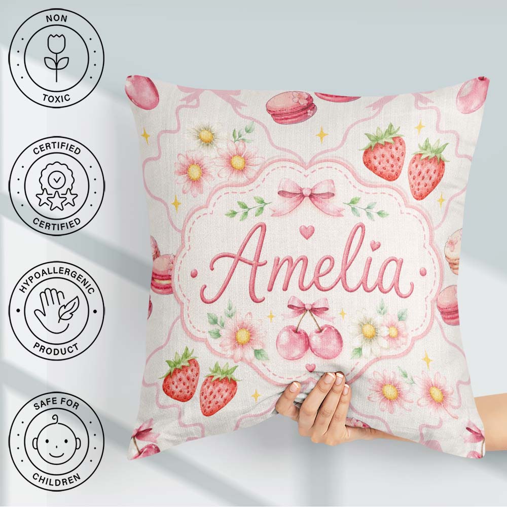 Custom Name Strawberry Cherry Daisy Bow Sweet Dessert Soft Beige Square Filled Cushion Throw Pillow Sofa Bed Home Decor Zip Washable UK Made