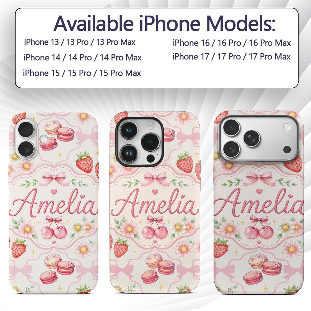 Cute Strawberry Cherry Daisy Floral Bow Sweet Custom Name Protective Phone Case Mobile Cover Durable Everyday Smartphone Shock Resistant