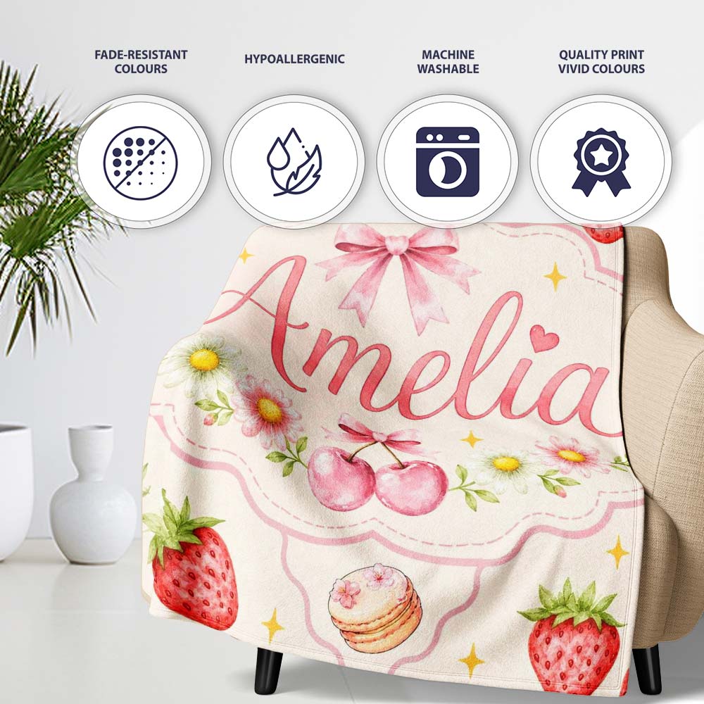 Cute Strawberry Cherry Daisy Floral Bow Sweet Dessert Pale Neutral Personalised Custom Name Super Soft Fleece Blanket Bed Sofa Throw