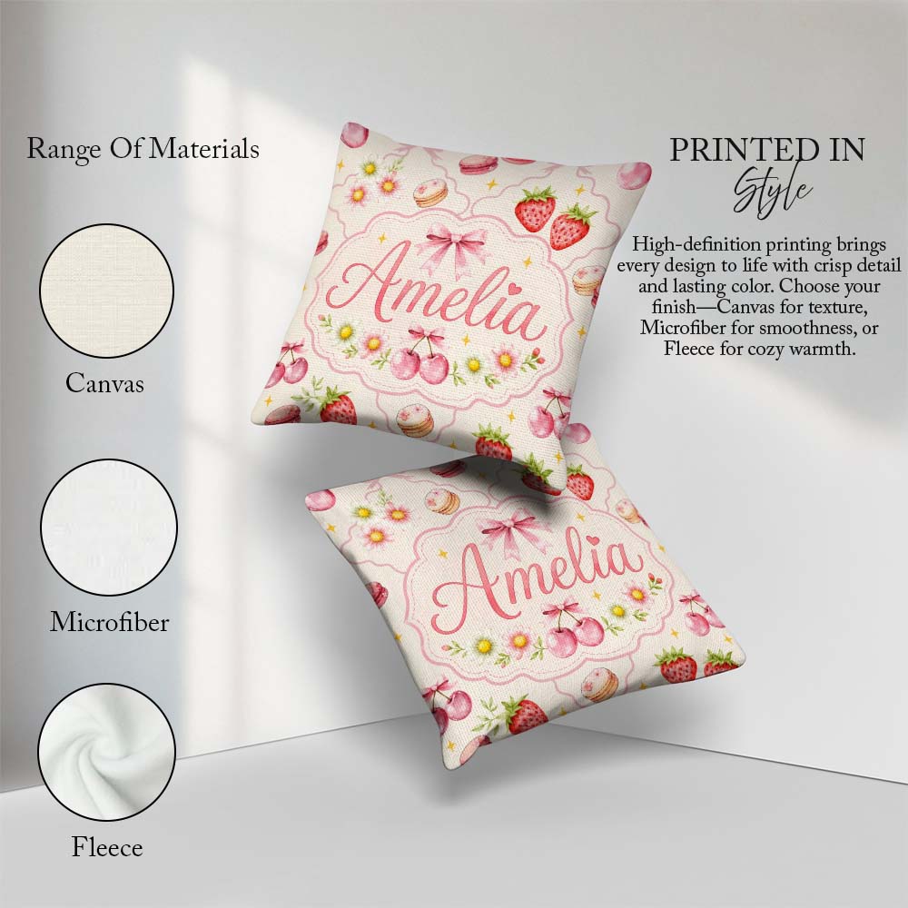 Custom Name Cherry Daisy Floral Bow Sweet Dessert Pale Neutral Square Filled Cushion Throw Pillow Sofa Bed Home Decor Zip Washable UK Made