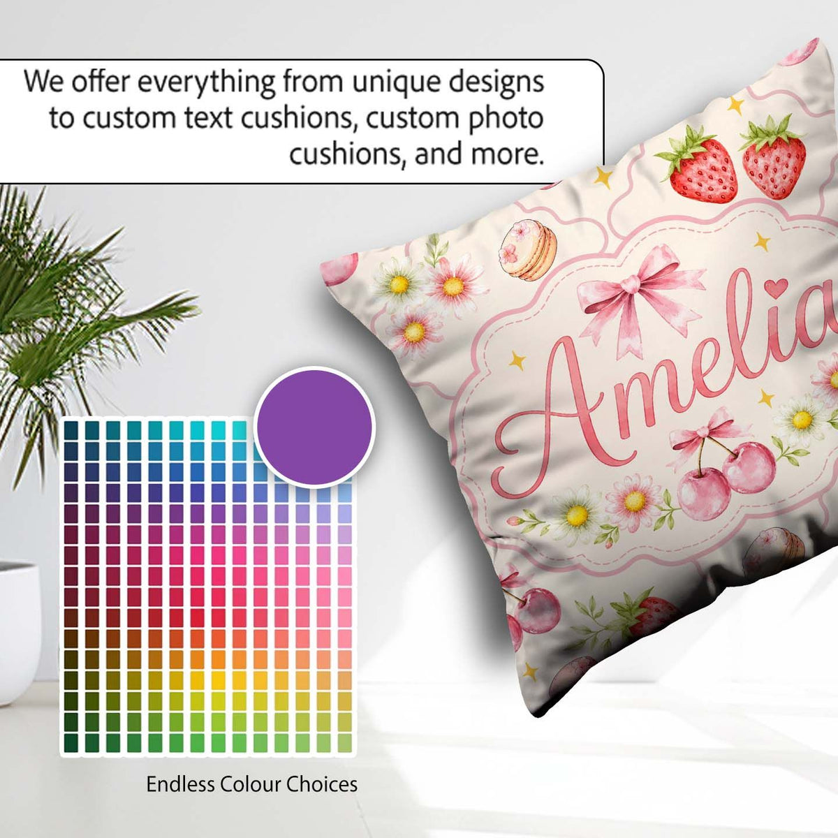 Custom Name Cherry Daisy Floral Bow Sweet Dessert Pale Neutral Square Filled Cushion Throw Pillow Sofa Bed Home Decor Zip Washable UK Made