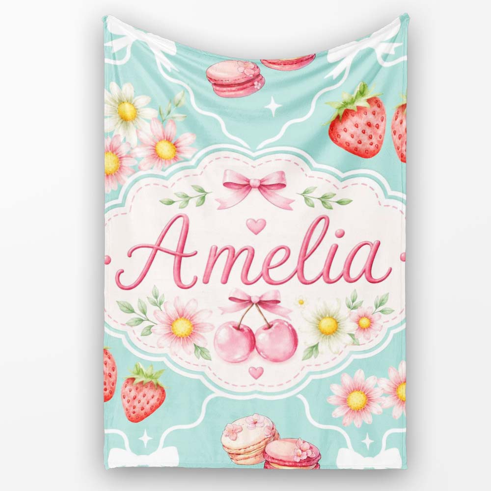 Cute Strawberry Cherry Daisy Floral Bow Sweet Dessert Teal Green Personalised Custom Name Super Soft Fleece Blanket Bed Sofa Throw