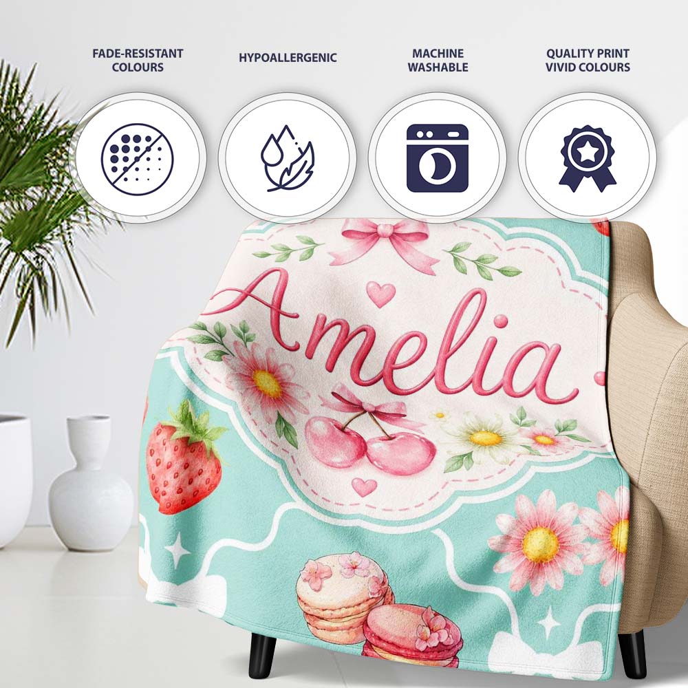 Cute Strawberry Cherry Daisy Floral Bow Sweet Dessert Teal Green Personalised Custom Name Super Soft Fleece Blanket Bed Sofa Throw