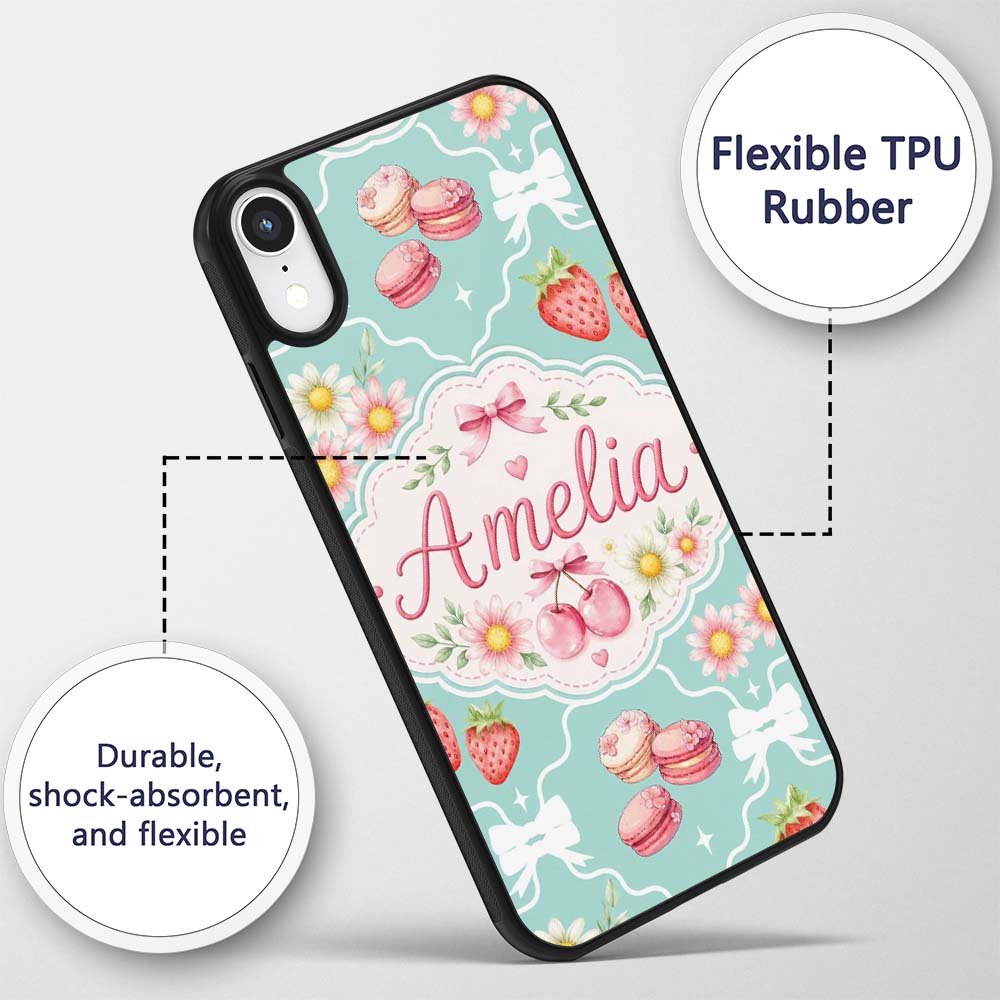 Cute Strawberry Cherry Daisy Floral Bow Sweet Custom Name Protective Phone Case Mobile Cover Durable Everyday Smartphone Shock Resistant
