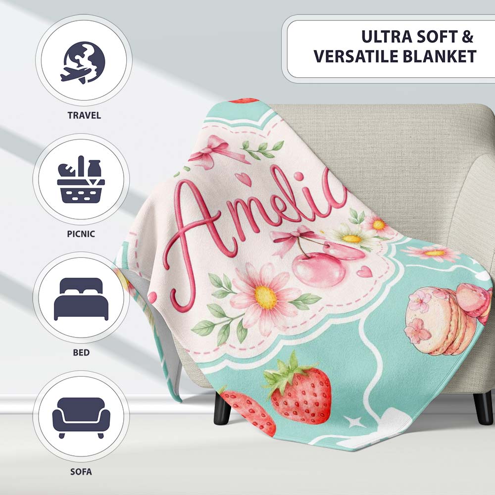 Cute Strawberry Cherry Daisy Floral Bow Sweet Dessert Teal Green Personalised Custom Name Super Soft Fleece Blanket Bed Sofa Throw