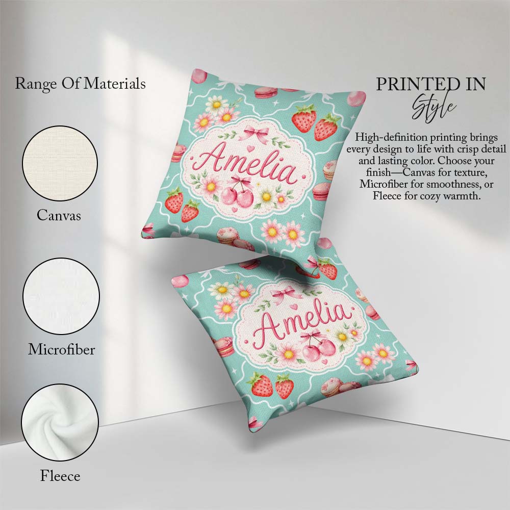 Custom Name Strawberry Cherry Daisy Bow Sweet Dessert Teal Green Square Filled Cushion Throw Pillow Sofa Bed Home Decor Zip Washable UK Made