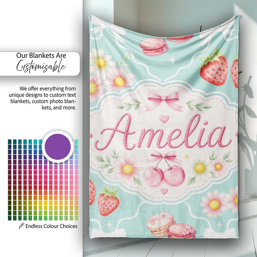 Cute Strawberry Cherry Daisy Floral Bow Sweet Dessert Teal Green Personalised Custom Name Super Soft Fleece Blanket Bed Sofa Throw