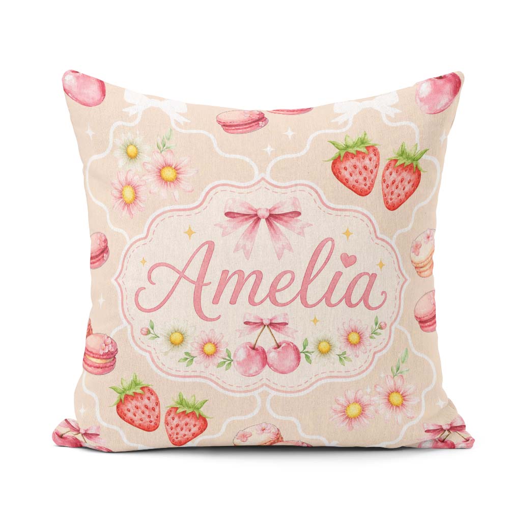 Custom Name Cute Cherry Daisy Floral Bow Sweet Dessert Soft Sand Square Filled Cushion Throw Pillow Sofa Bed Home Decor Zip Washable UK Made