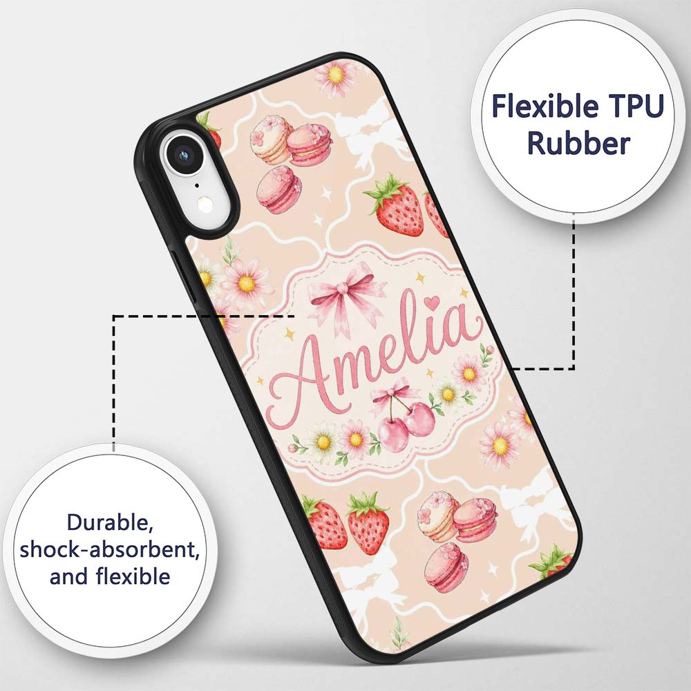 Cute Strawberry Cherry Daisy Floral Bow Sweet Custom Name Protective Phone Case Mobile Cover Durable Everyday Smartphone Shock Resistant