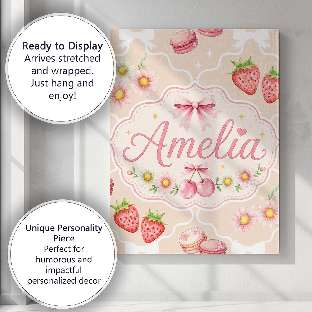 Personalised Name Cute Strawberry Cherry Custom Unique Gift Idea Elegant Feature Canvas Wall Art Print Decor Picture Ready to Hang