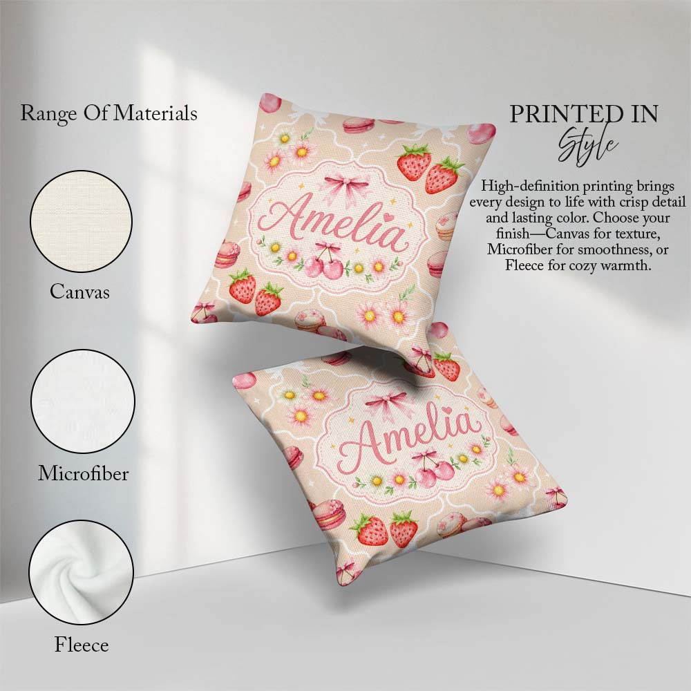 Custom Name Cute Cherry Daisy Floral Bow Sweet Dessert Soft Sand Square Filled Cushion Throw Pillow Sofa Bed Home Decor Zip Washable UK Made