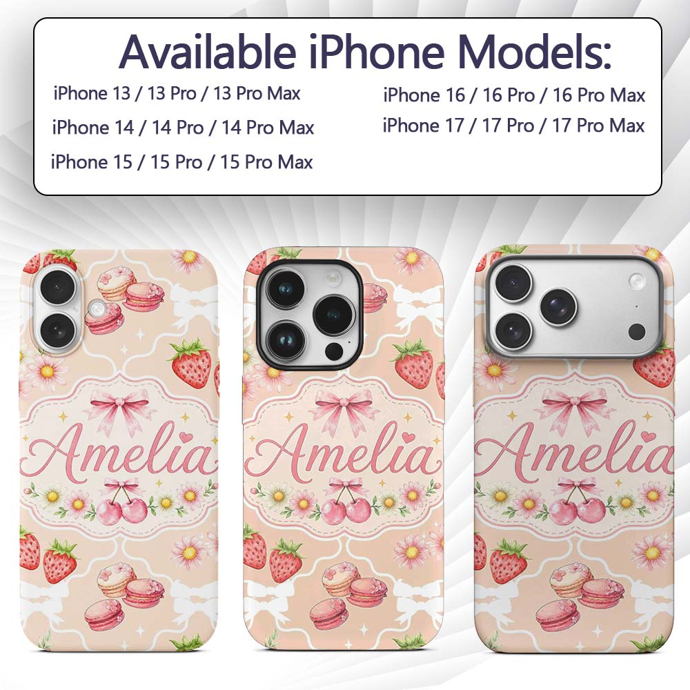 Cute Strawberry Cherry Daisy Floral Bow Sweet Custom Name Protective Phone Case Mobile Cover Durable Everyday Smartphone Shock Resistant