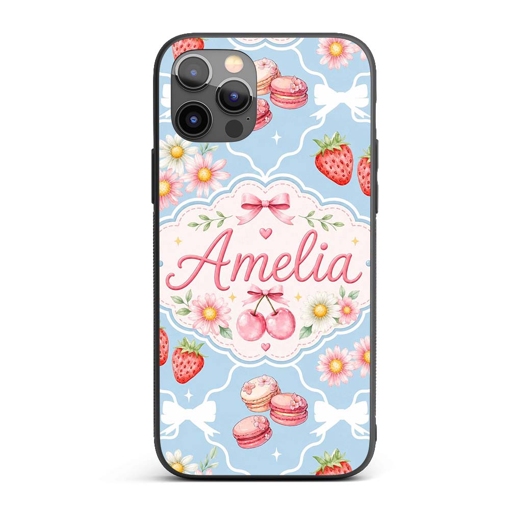 Cute Strawberry Cherry Daisy Floral Bow Sweet Custom Name Protective Phone Case Mobile Cover Durable Everyday Smartphone Shock Resistant