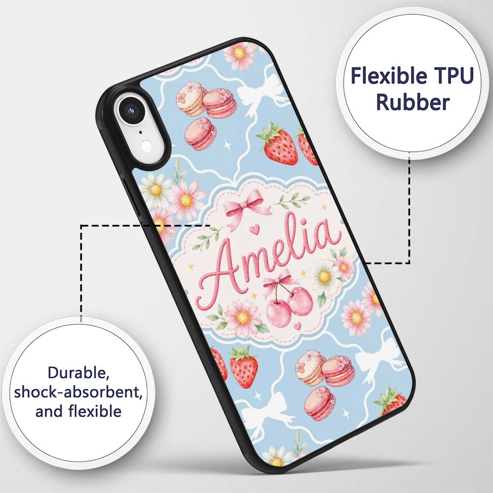 Cute Strawberry Cherry Daisy Floral Bow Sweet Custom Name Protective Phone Case Mobile Cover Durable Everyday Smartphone Shock Resistant