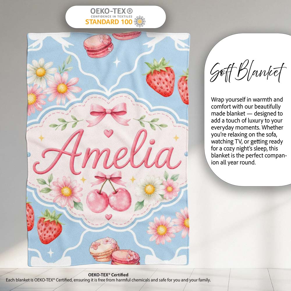 Cute Strawberry Cherry Daisy Floral Bow Sweet Dessert Dusty Blue Personalised Custom Name Super Soft Fleece Blanket Bed Sofa Throw