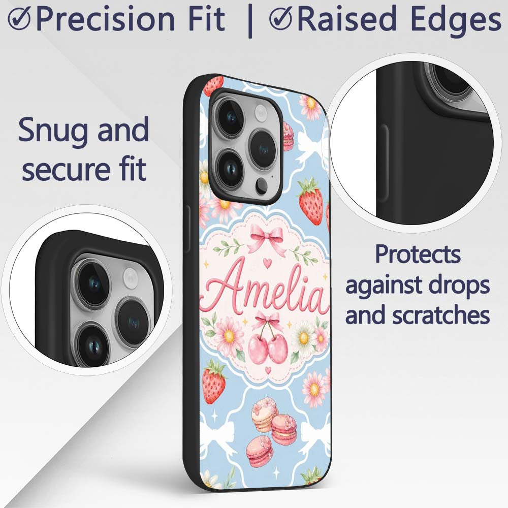 Cute Strawberry Cherry Daisy Floral Bow Sweet Custom Name Protective Phone Case Mobile Cover Durable Everyday Smartphone Shock Resistant