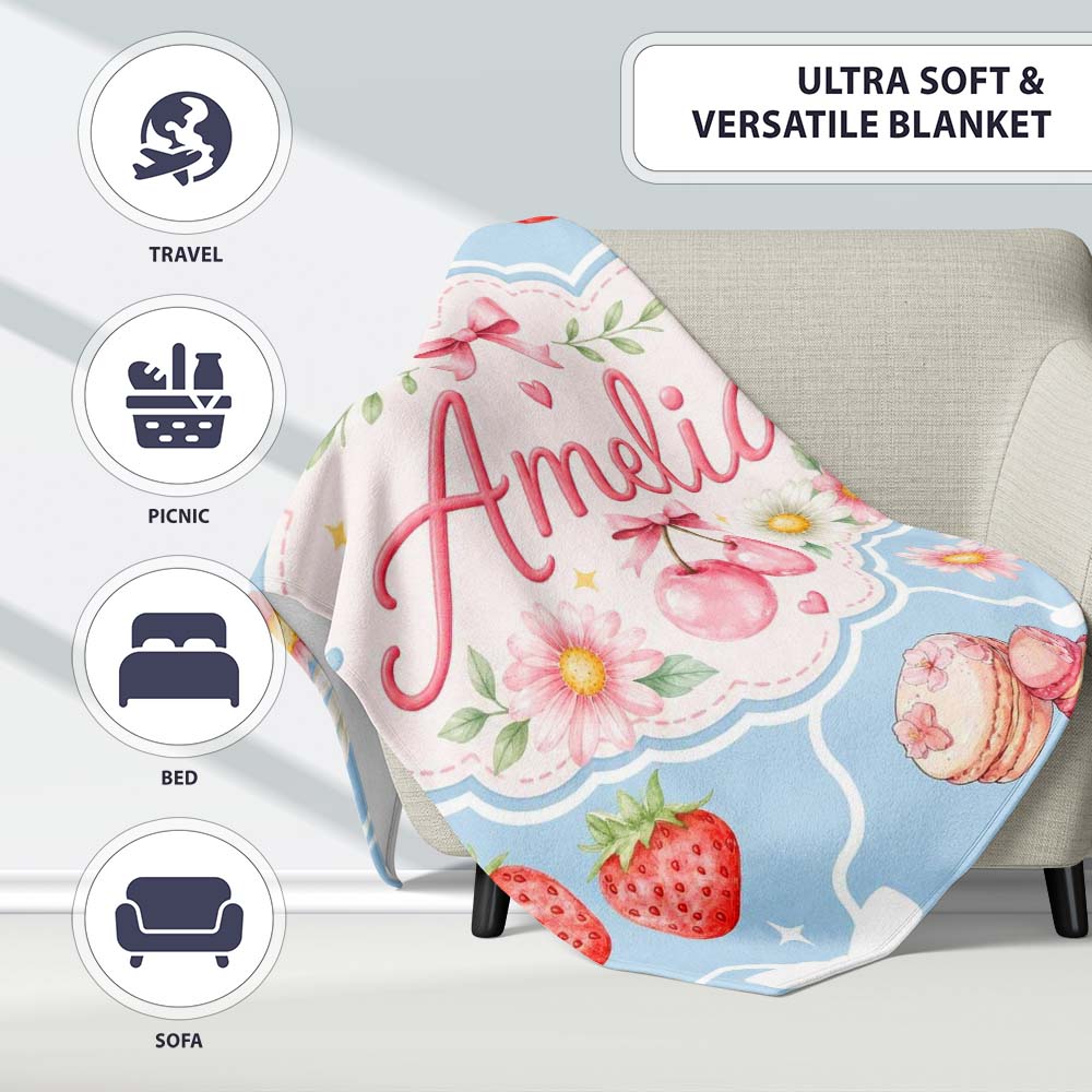 Cute Strawberry Cherry Daisy Floral Bow Sweet Dessert Dusty Blue Personalised Custom Name Super Soft Fleece Blanket Bed Sofa Throw