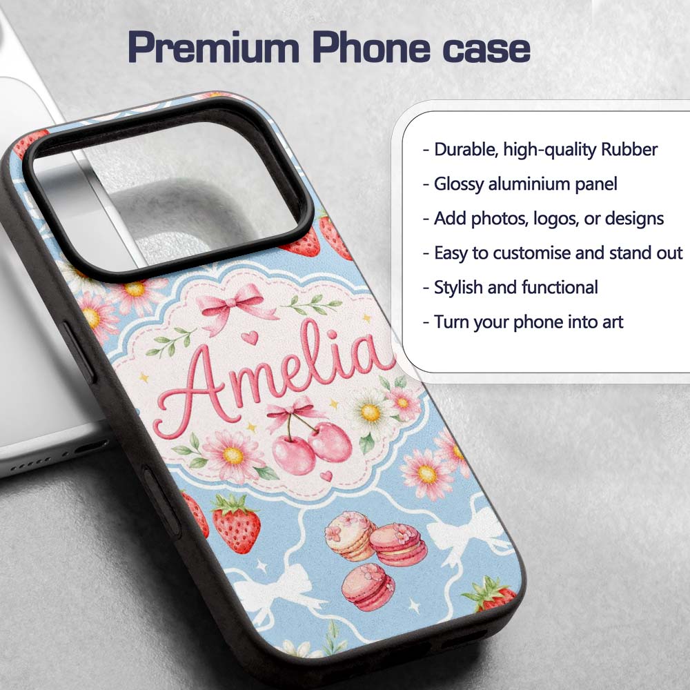 Cute Strawberry Cherry Daisy Floral Bow Sweet Custom Name Protective Phone Case Mobile Cover Durable Everyday Smartphone Shock Resistant
