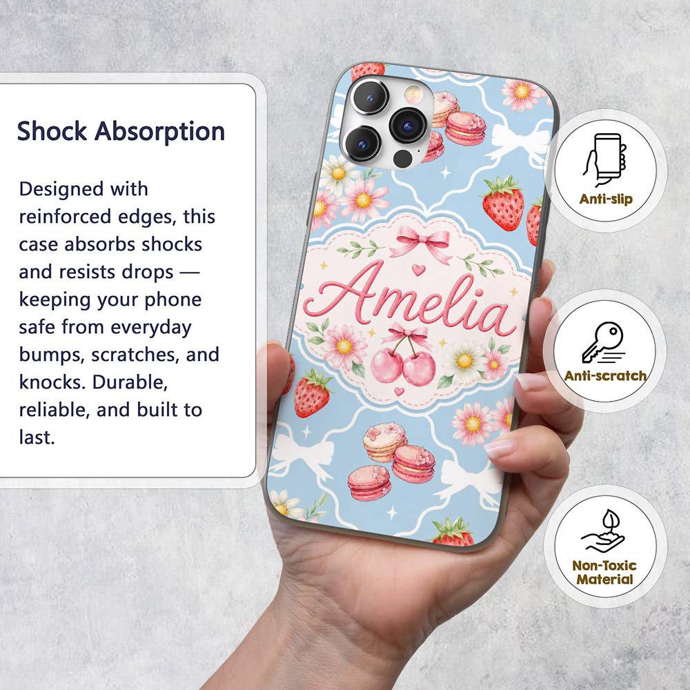 Cute Strawberry Cherry Daisy Floral Bow Sweet Custom Name Protective Phone Case Mobile Cover Durable Everyday Smartphone Shock Resistant