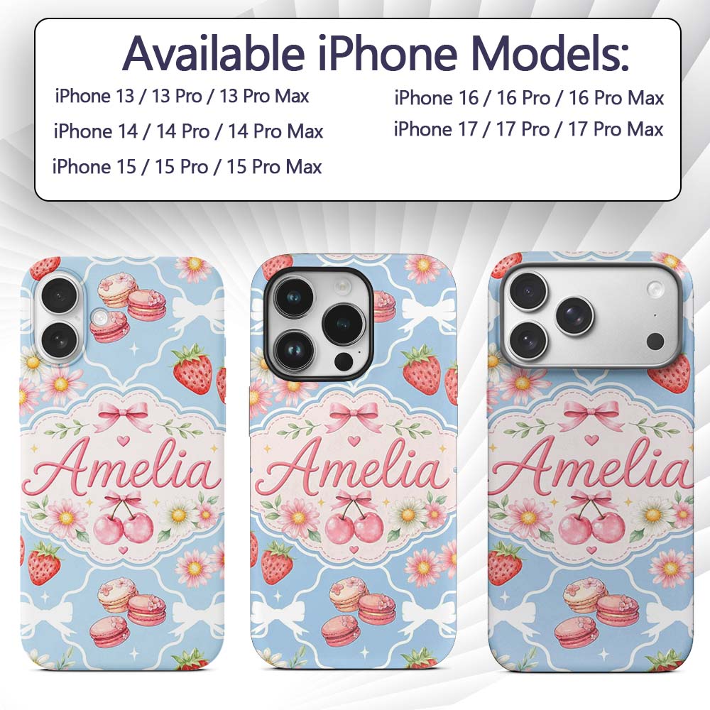 Cute Strawberry Cherry Daisy Floral Bow Sweet Custom Name Protective Phone Case Mobile Cover Durable Everyday Smartphone Shock Resistant