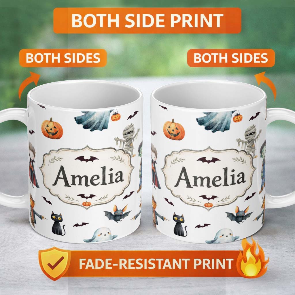Personalized Custom Name Halloween Zombie Mummy Vampire Bat Spooky Light Grey Seamless 11oz Ceramic Coffee Tea Mug White Large Handle