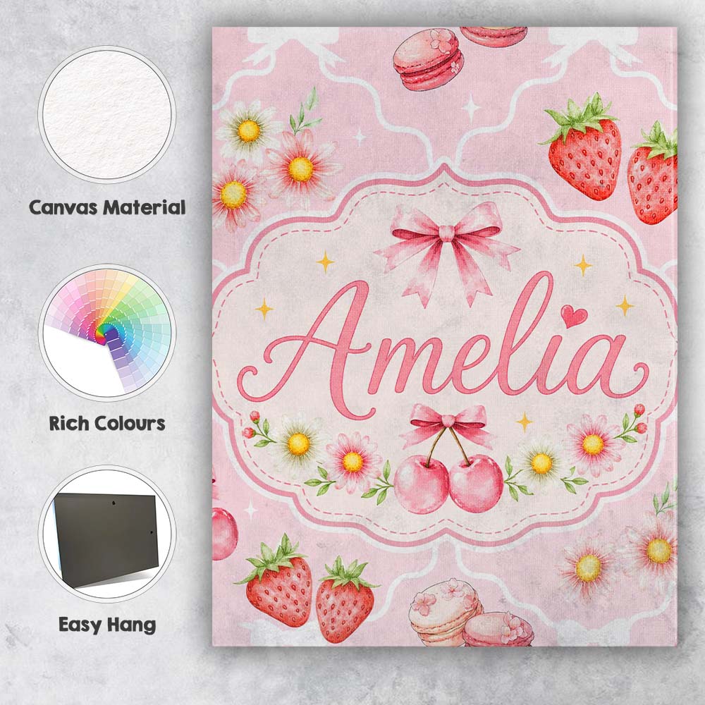 Personalised Name Strawberry Cherry Daisy Custom Unique Gift Idea Elegant Feature Canvas Wall Art Print Decor Picture Ready to Hang
