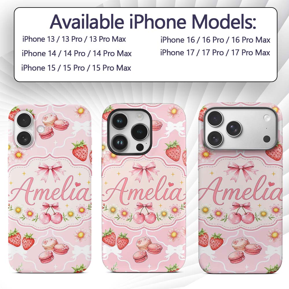 Strawberry Cherry Daisy Floral Bow Sweet Dessert Custom Name Protective Phone Case Mobile Cover Durable Everyday Smartphone Shock Resistant