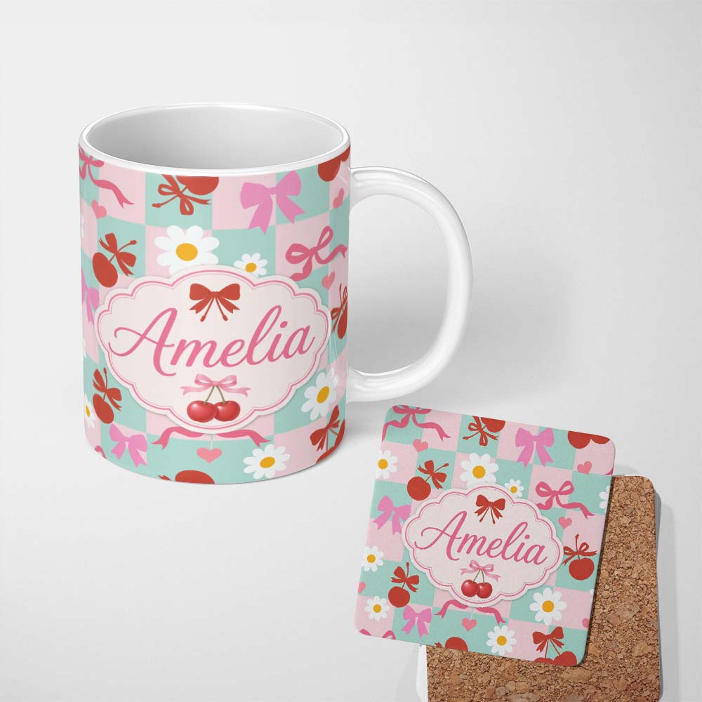 Personalized Custom Name Cute Cherry Bow Daisy Heart Seamless on Mint and Pink Gingham Lovely 11oz Ceramic Coffee Tea Mug White Large Handle