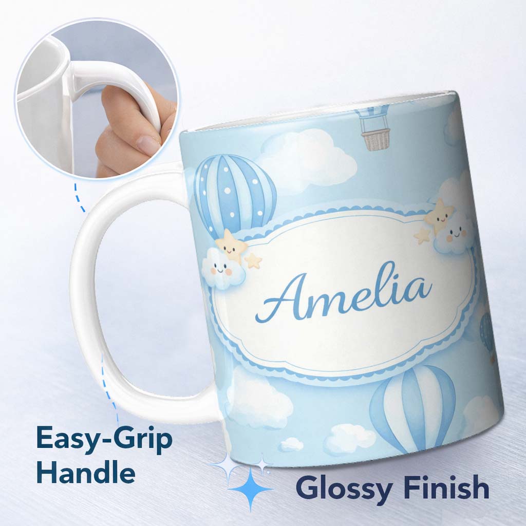 Personalized Custom Name Blue Hot Air Balloon Sky Pattern Cute Nursery Design Lovely 11oz Ceramic Coffee Tea Mug White Large Handle