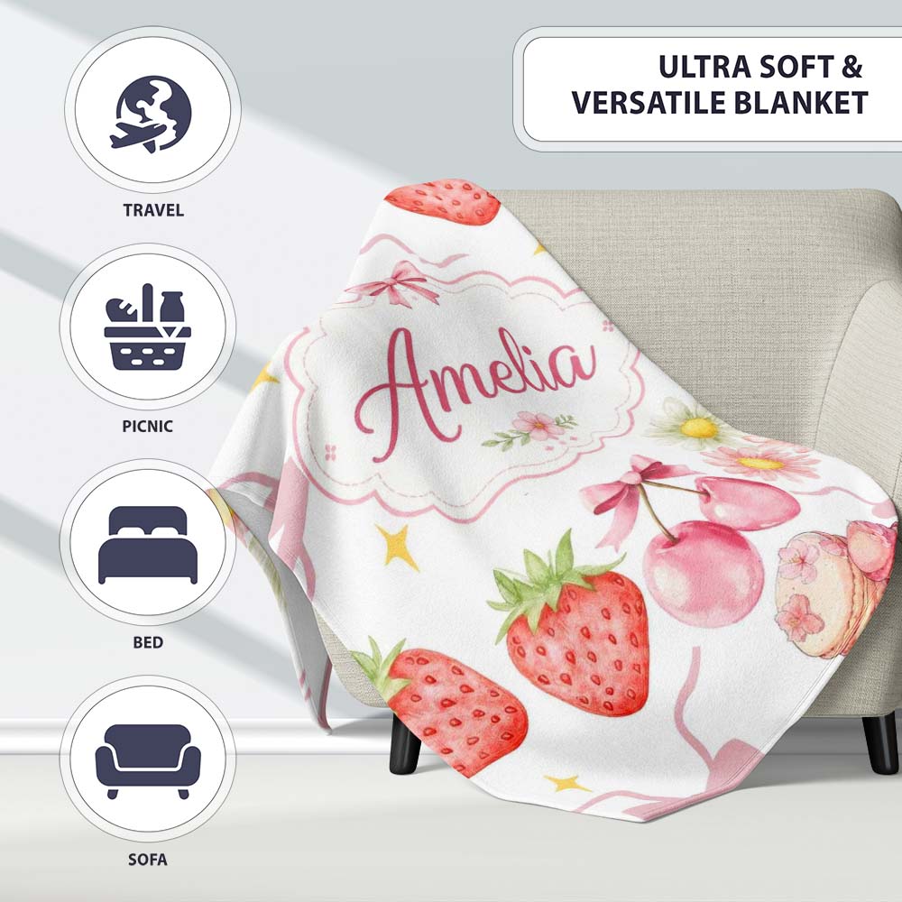 Cute Strawberry Cherry Daisy Floral Bow Sweet Dessert Light Grey Personalised Custom Name Super Soft Fleece Blanket Bed Sofa Throw