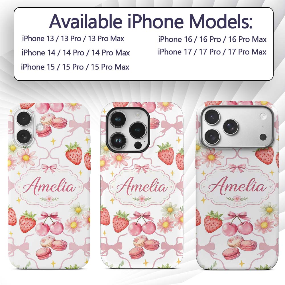 Cute Strawberry Cherry Daisy Floral Bow Sweet Custom Name Protective Phone Case Mobile Cover Durable Everyday Smartphone Shock Resistant
