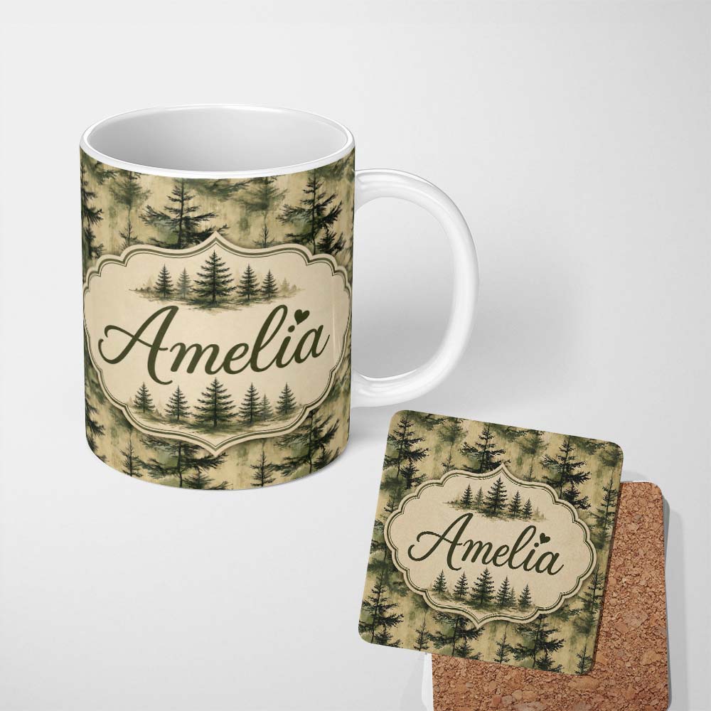 Personalized Custom Name Watercolour Forest Pine Tree with Layered Green Tones and Abstract 11oz Ceramic Coffee Tea Mug White Large Handle