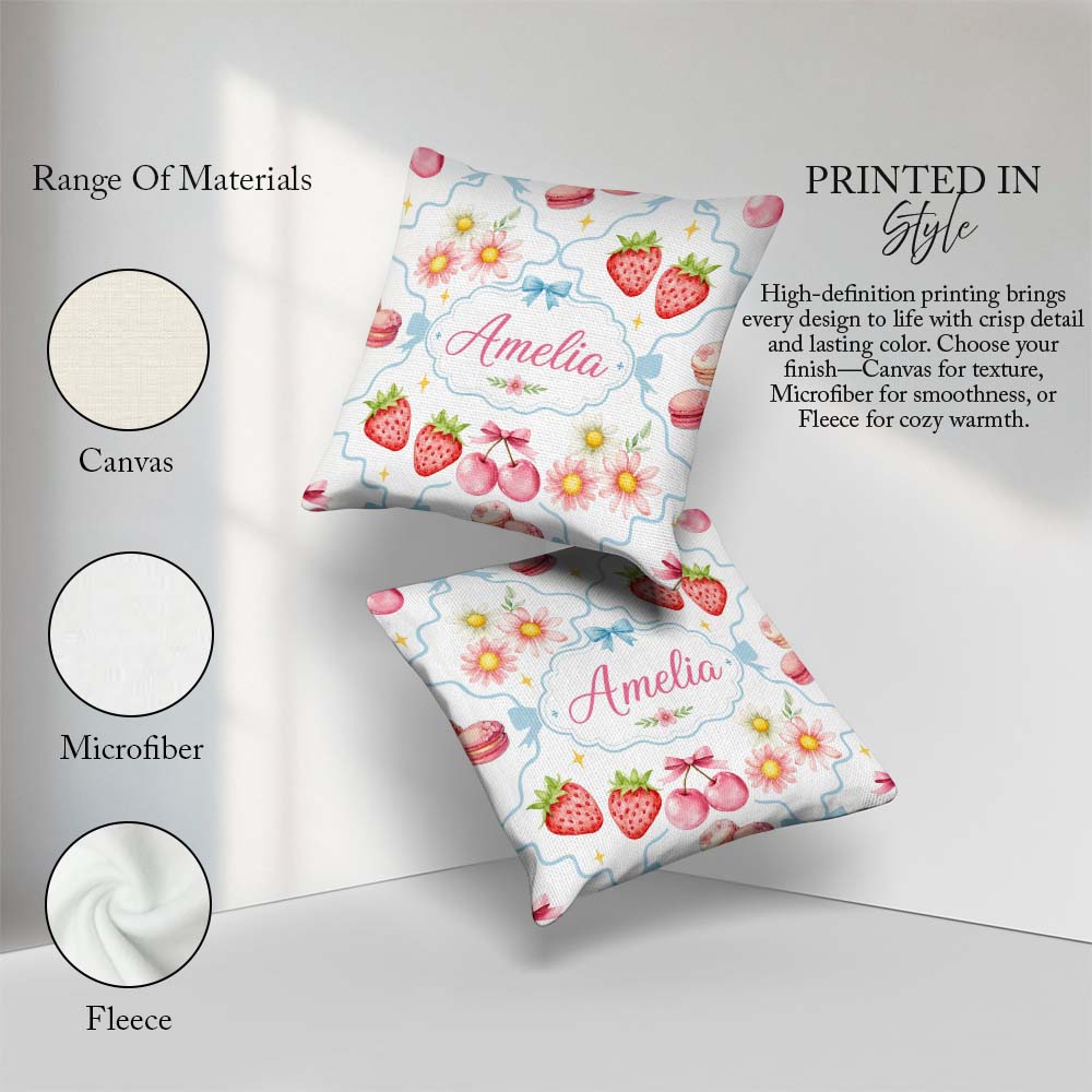 Custom Name Strawberry Cherry Daisy Floral Bow Dessert Soft Blue Square Filled Cushion Throw Pillow Sofa Bed Home Decor Zip Washable UK Made