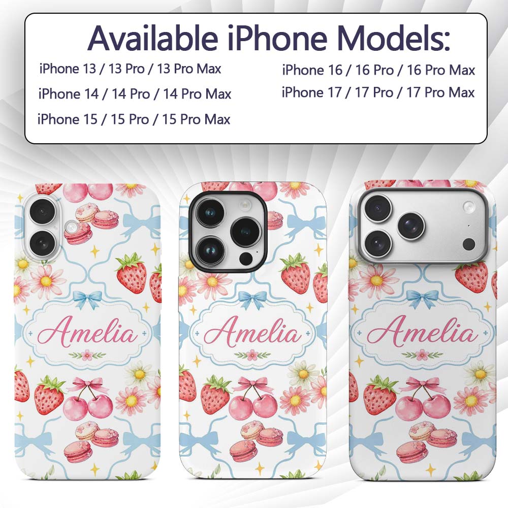Strawberry Cherry Daisy Floral Bow Sweet Dessert Custom Name Protective Phone Case Mobile Cover Durable Everyday Smartphone Shock Resistant