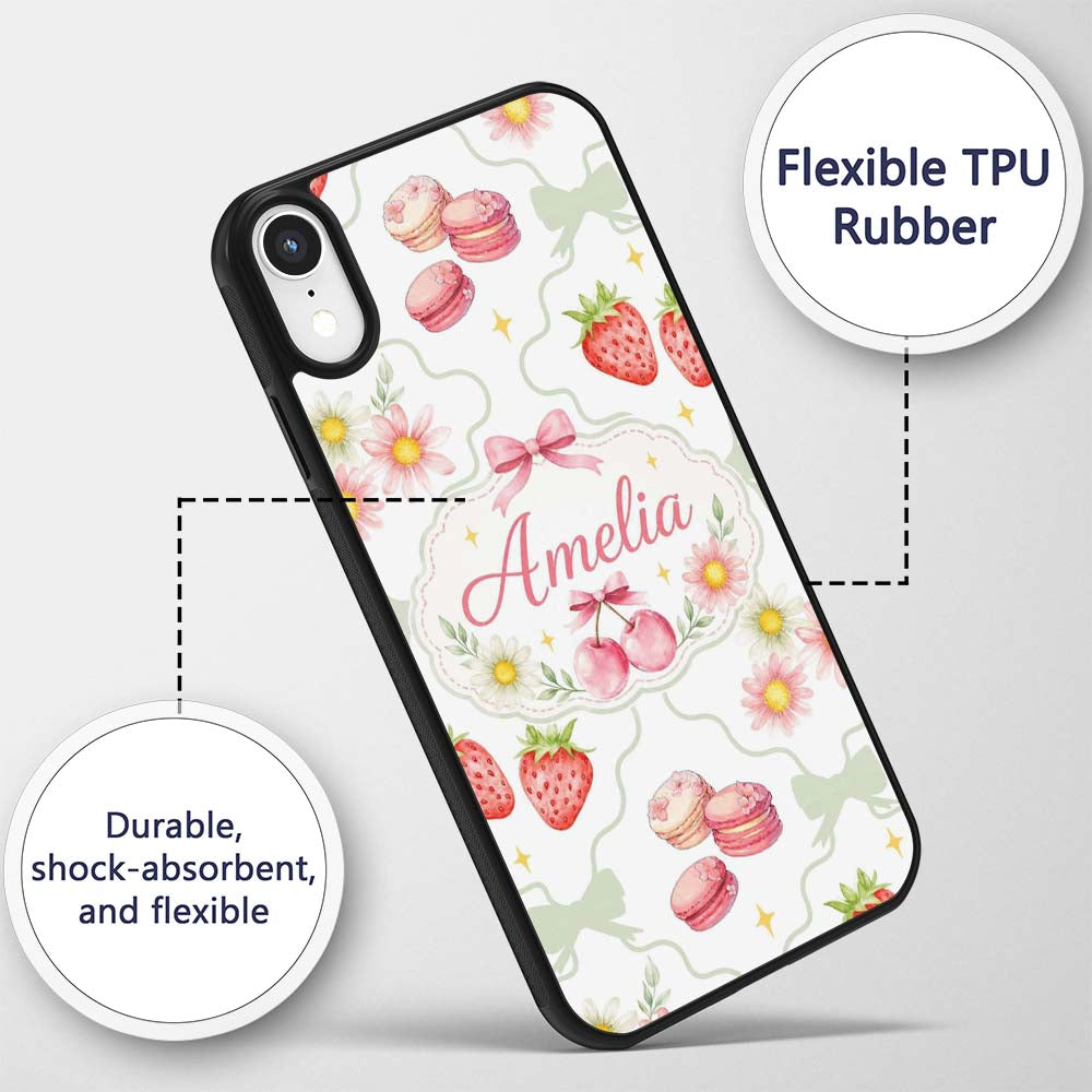 Strawberry Cherry Daisy Floral Bow Sweet Dessert Custom Name Protective Phone Case Mobile Cover Durable Everyday Smartphone Shock Resistant