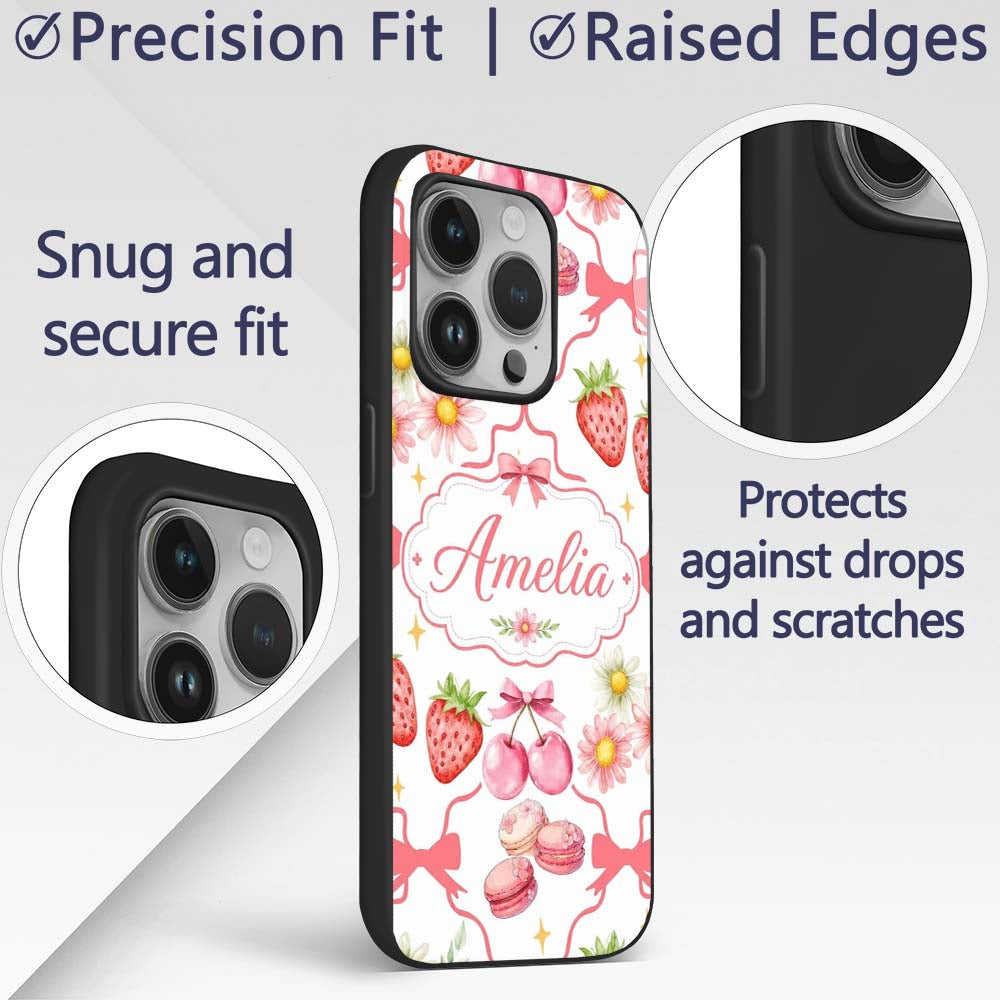 Strawberry Cherry Daisy Floral Bow Sweet Dessert Custom Name Protective Phone Case Mobile Cover Durable Everyday Smartphone Shock Resistant