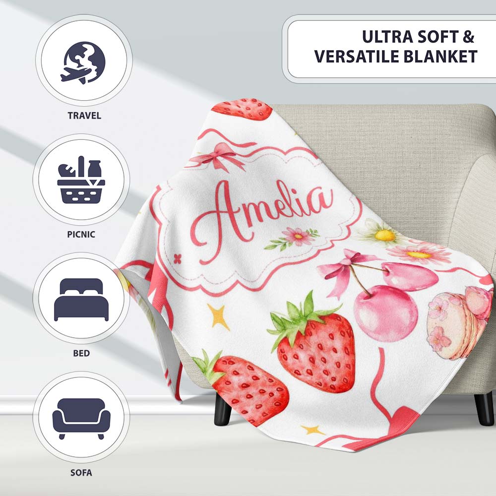 Strawberry Cherry Daisy Floral Bow Sweet Dessert Coral Red Outline Personalised Custom Name Super Soft Fleece Blanket Bed Sofa Throw