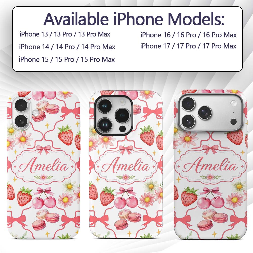 Strawberry Cherry Daisy Floral Bow Sweet Dessert Custom Name Protective Phone Case Mobile Cover Durable Everyday Smartphone Shock Resistant