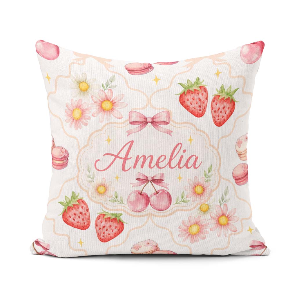 Custom Name Strawberry Cherry Daisy Bow Sweet Dessert Warm Beige Square Filled Cushion Throw Pillow Sofa Bed Home Decor Zip Washable UK Made