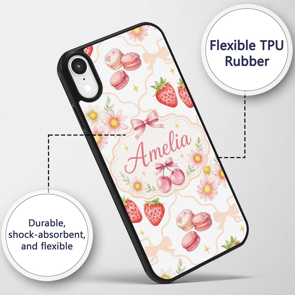 Strawberry Cherry Daisy Floral Bow Sweet Dessert Custom Name Protective Phone Case Mobile Cover Durable Everyday Smartphone Shock Resistant