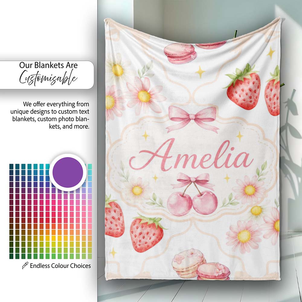 Strawberry Cherry Daisy Floral Bow Sweet Dessert Warm Beige Outline Personalised Custom Name Super Soft Fleece Blanket Bed Sofa Throw