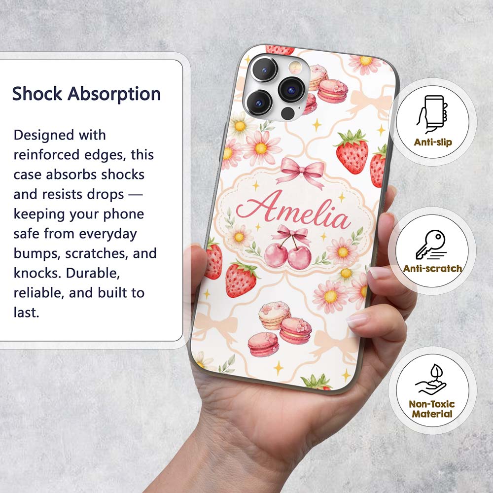 Strawberry Cherry Daisy Floral Bow Sweet Dessert Custom Name Protective Phone Case Mobile Cover Durable Everyday Smartphone Shock Resistant
