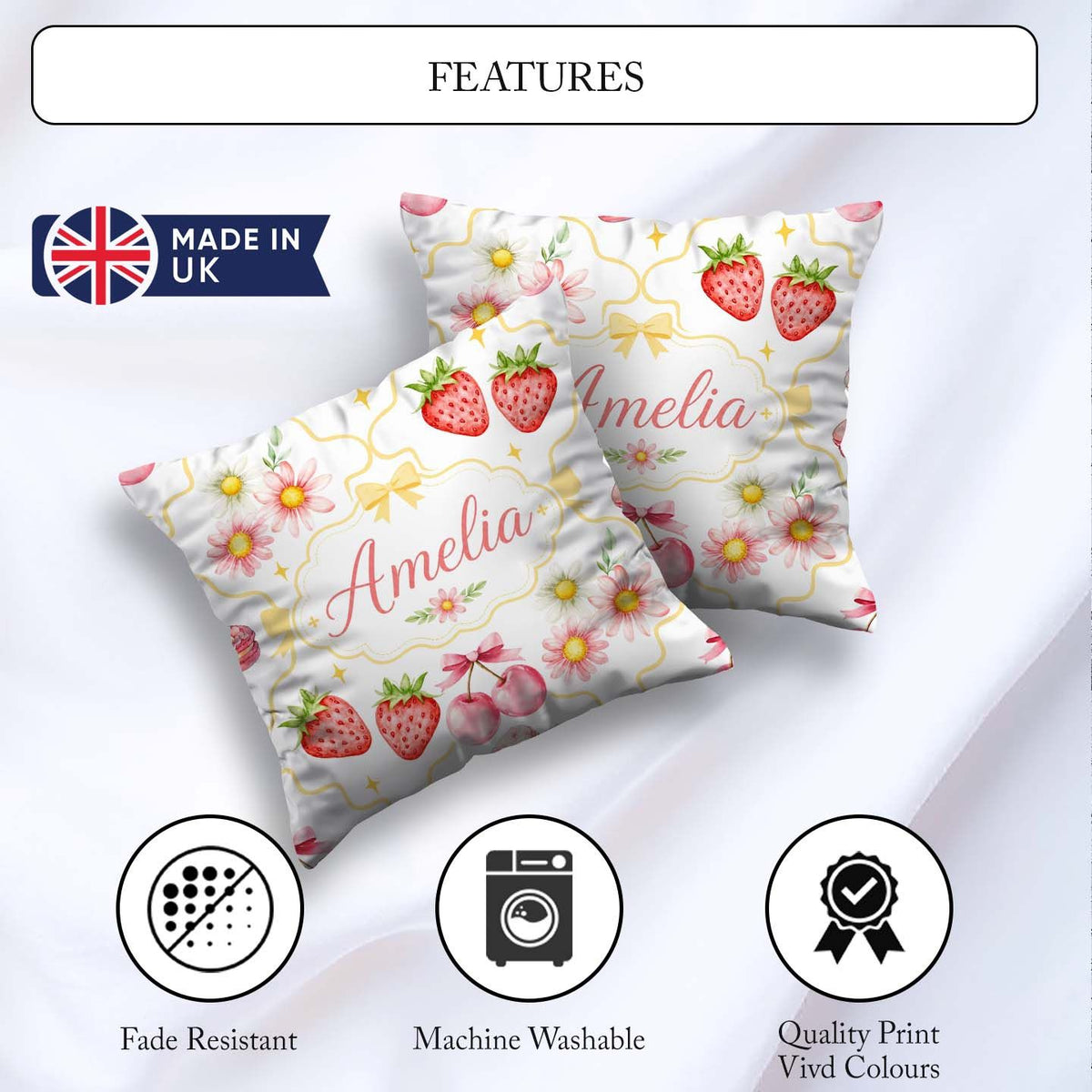 Custom Name Cherry Daisy Floral Bow Sweet Dessert Yellow Outline Square Filled Cushion Throw Pillow Sofa Bed Home Decor Zip Washable UK Made