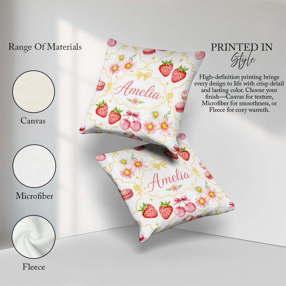 Custom Name Cherry Daisy Floral Bow Sweet Dessert Yellow Outline Square Filled Cushion Throw Pillow Sofa Bed Home Decor Zip Washable UK Made